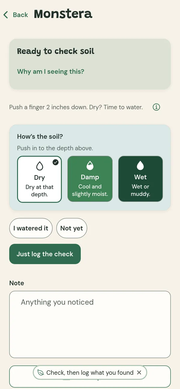 The soil check screen, asking how the soil feels, with Dry selected, plus Damp and Wet.